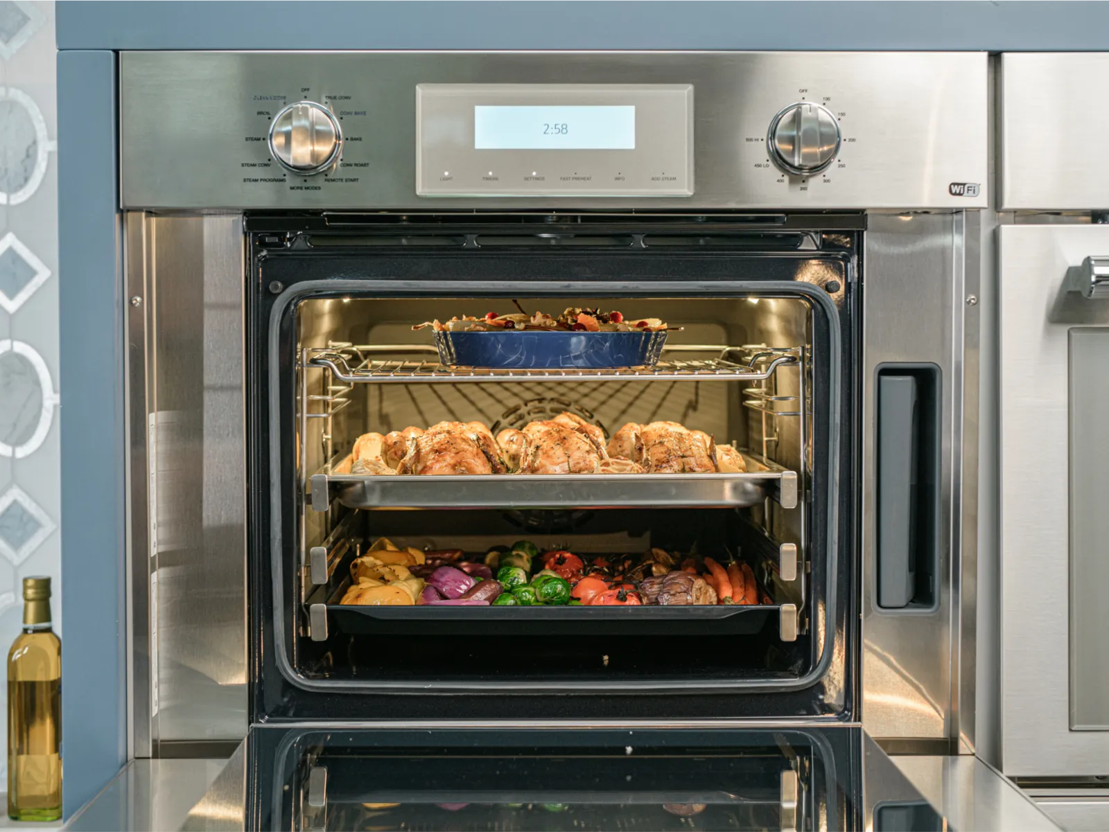 thermador-steam-ovens-30-Inch-Steam-Oven-in-blue-kitchen-food-in-professional-oven